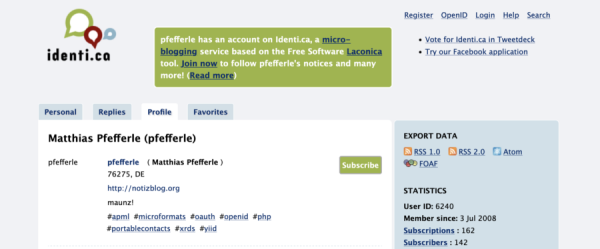 Ein Screenshot von meinem identi.ca Account von 2009